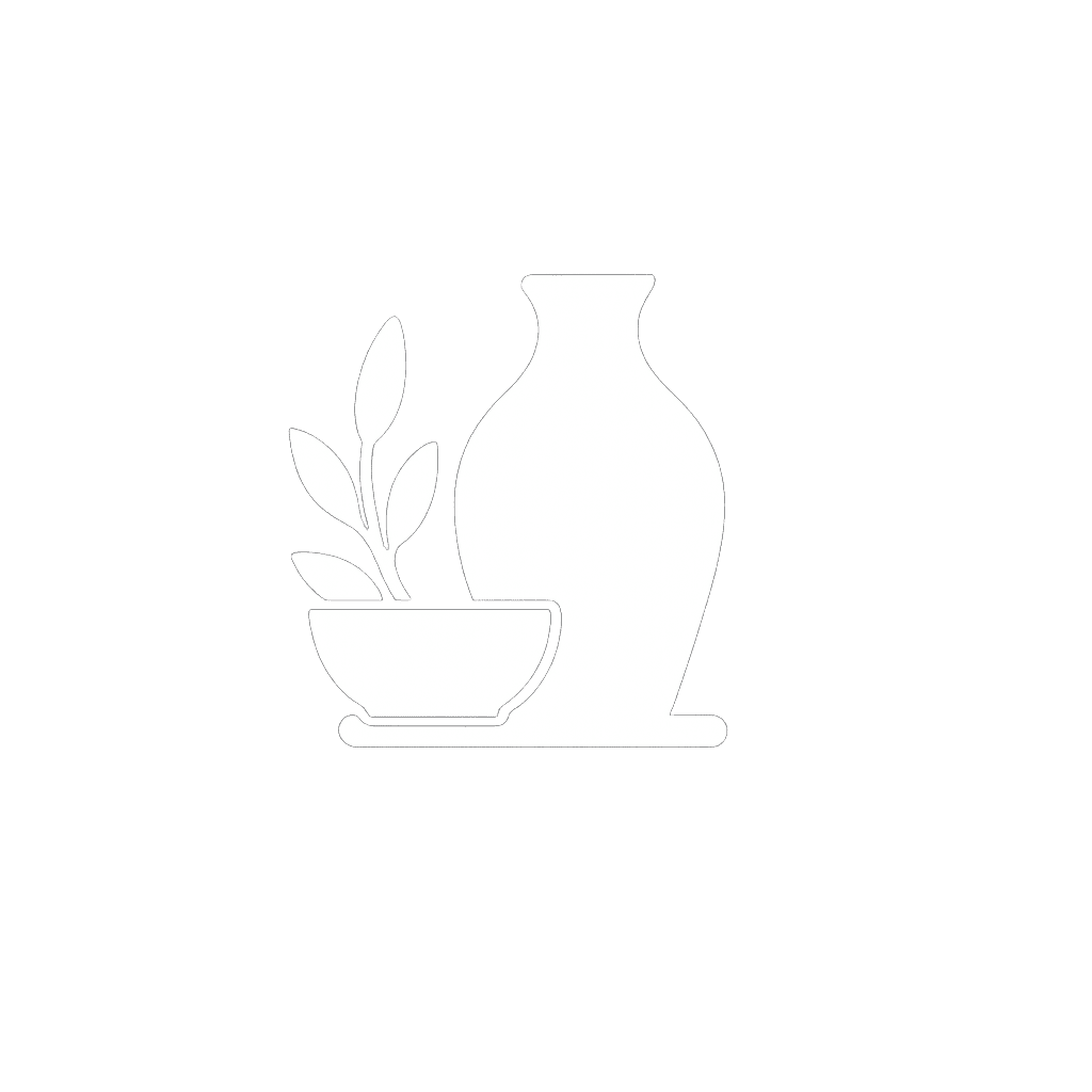 Simple line drawing of a potted plant in a bowl next to a large vase, both placed on a flat surface against a plain background.