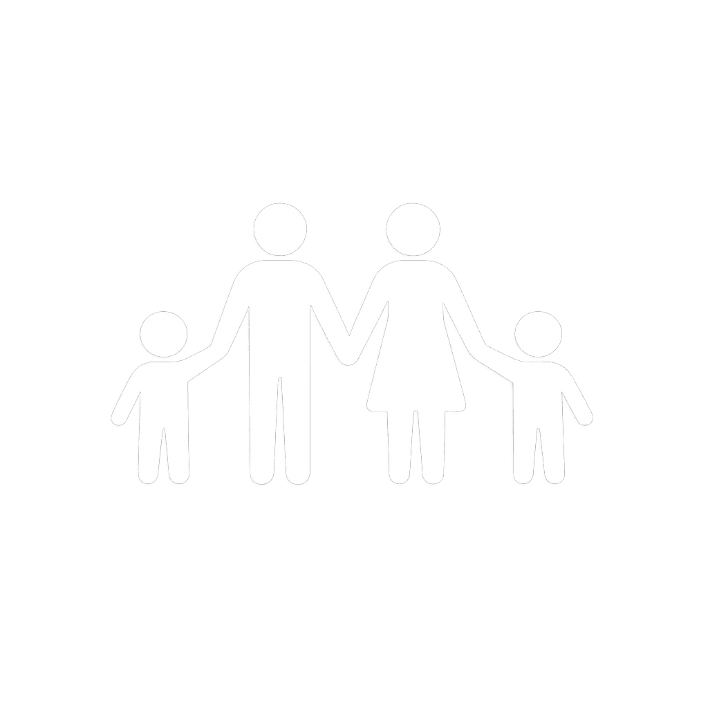 Simple line drawing of four figures holding hands, depicting two adults in the center and two children on either side, symbolizing a family.