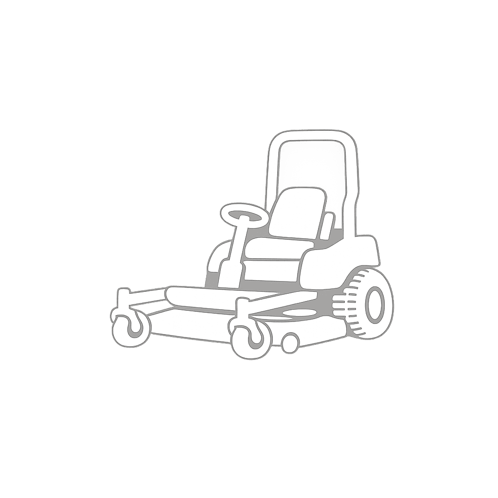 Simple line drawing of a ride-on lawn mower with a steering wheel, seat, large rear wheels, and front mowing deck on a plain background.