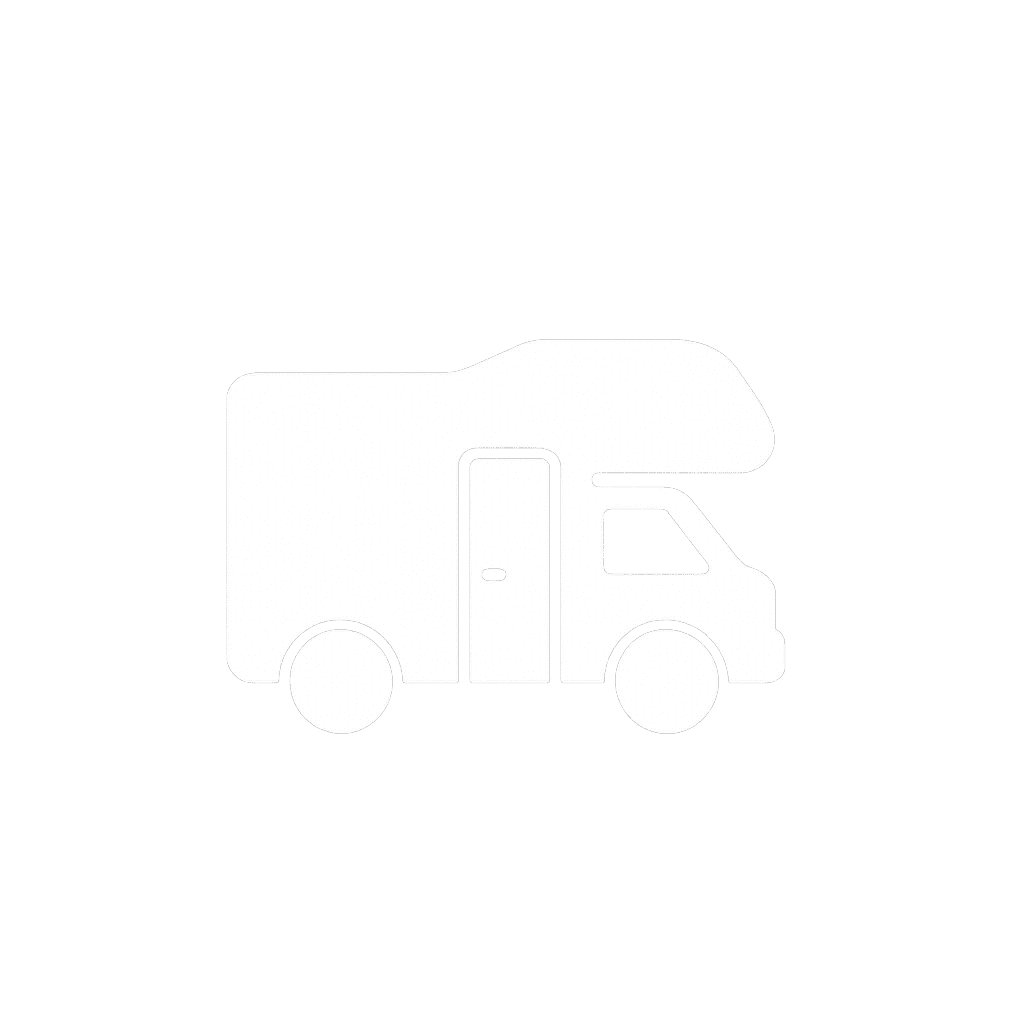 Simple icon of a camper van or RV with two wheels, a door, and an over-cab section, shown in white on a light gray background.